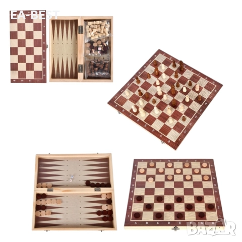 🏆 3в1 Дървена игрална дъска – Шах, Табла и Дама | 39x19 см