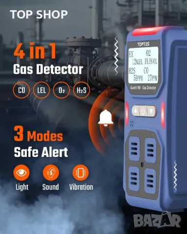 Газов детектор 4 в 1 TopTes Guard-156, за H2S, CO, LEL и O2, режими на тройна аларма, снимка 6 - Други стоки за дома - 49368277