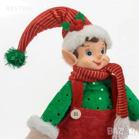 Коледна фигура на елф с червен кадифен гащеризон, зелена блуза, 60см, снимка 3 - Декорация за дома - 52392966