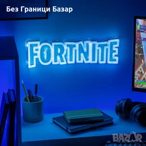 Нова Fortnite неонова LED лампа за стена 40см геймър знак декор синя, снимка 3 - Други - 51291660