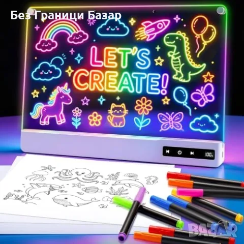 Нова Светеща LED Дъска за Деца 16" Рисуване Писане 14 Маркера 2000mAh Идеален подарък