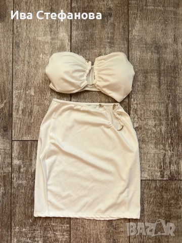 Уникален нов  бял еластичен парти официален коктейлен сет комплект от две части бюстие пола костюм , снимка 4 - Костюми - 49329228