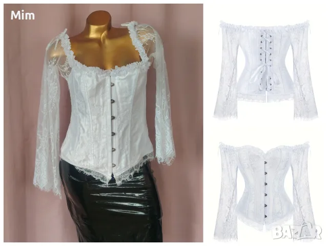 2XL Бял дантелен корсет, М Черна пола от лак / винил /