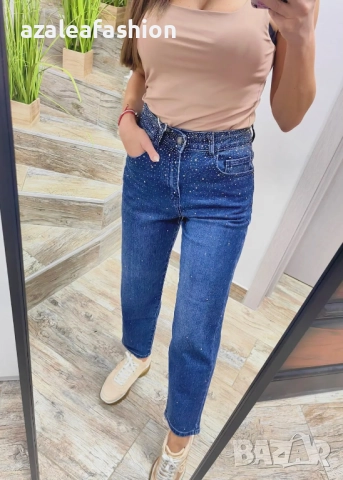 Дамски дънки мом фит с камъни, снимка 7 - Дънки - 52671012