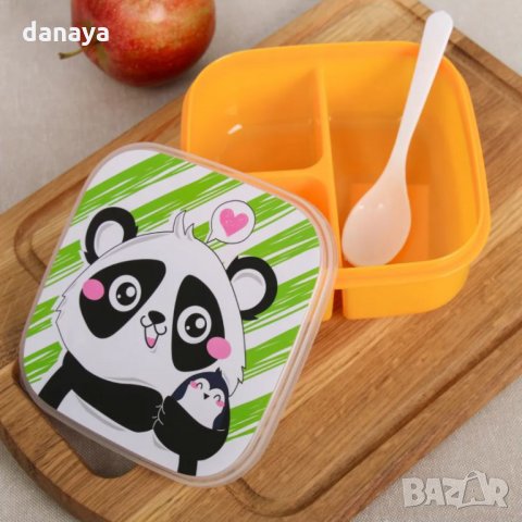 2401 Детска кутия за обяд с три отделения и лъжичка Панда/Коте