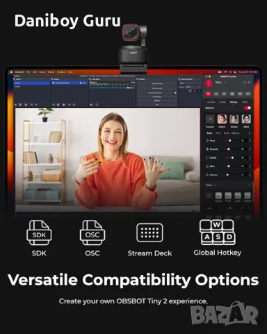 OBSBOT Tiny 2 Уеб камера 4K гласово управление PTZ, AI проследяване с много режими и автофокус, уеб , снимка 8 - Друга електроника - 48248486