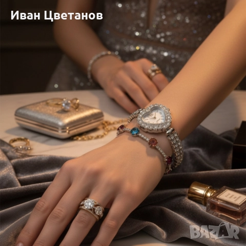 Сърцевиден дамски часовник с гривна и кристали – стил и практичност в кутия