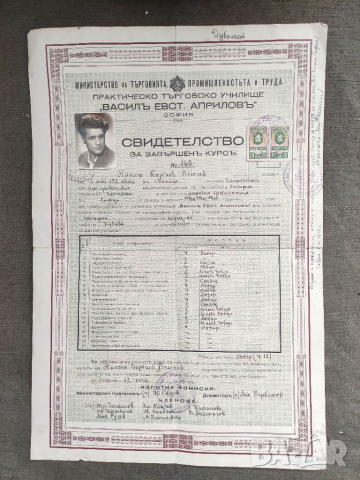 Продавам Свидетелство гимназия " Васил Априлов " София   На момче от с. Божица , Босилеградско