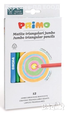 Цветни моливи Primo Jumbo 12цвята триъгълни