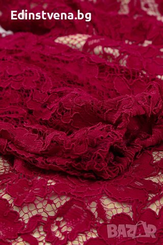 Дантелена дамска рокля в цвят бордо, с дълъг ръкав и V-образно деколте, снимка 5 - Рокли - 42521969