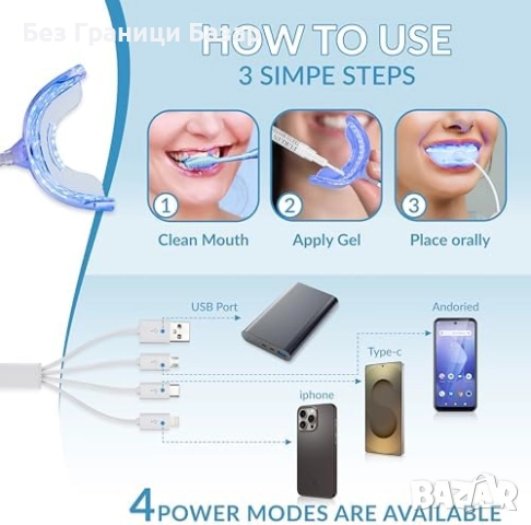 Нов Домашен комплект за избелване на зъби с 8 гела и 32 LED светлини, снимка 5 - Декоративна козметика - 52772607
