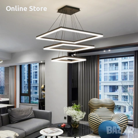 Модерен LED полилей 3-слоен квадрат – димируем, с дистанционно и регулируема височина, снимка 3 - Полилеи - 54176361