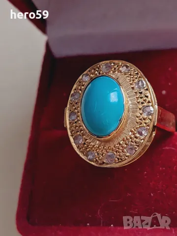 Прекрасен златен дамски пръстен с тюрказ и диаманти, снимка 1
