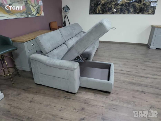 Сив ъглов диван от плат с функция сън и ракла и подвижни облегалки, снимка 7 - Дивани и мека мебел - 44606187
