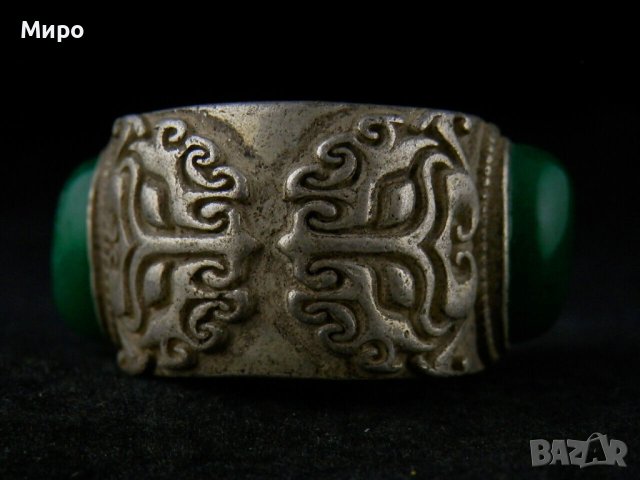 БЕЗ АНАЛОГ ТИБЕТ НЕПАЛ АЗИЯ ПРЪСТЕН  ЗЕЛЕН НЕФРИТ , снимка 4 - Антикварни и старинни предмети - 40493271