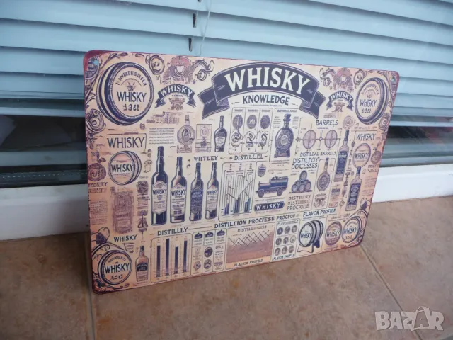 Метална табела Уиски познание производство дестилация бутилиране бъчви бутилки, снимка 2 - Рекламни табели - 49941909