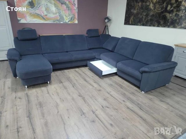 Син П образен ъглов диван от плат с функция сън ZE-EM09003, снимка 7 - Дивани и мека мебел - 44245307