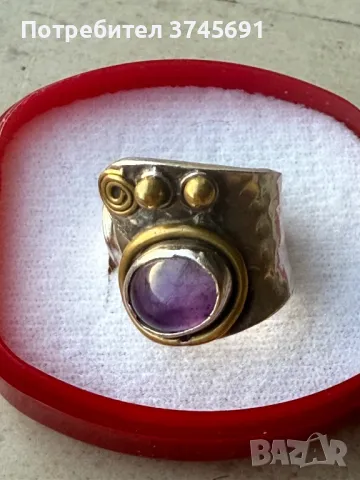 Масивен сребърен пръстен с аметист, снимка 2 - Пръстени - 48443487