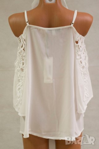 Бяла дамска блуза с ефектна дантела на ръкавите Urban Touch - XL, снимка 3 - Блузи с дълъг ръкав и пуловери - 42604423