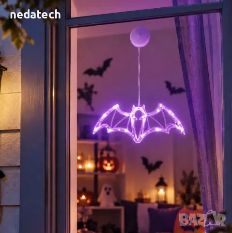 Halloween висящ прилеп с 16 лилави LED светлини – 10x25 cm, снимка 3 - Декорация за дома - 56197008