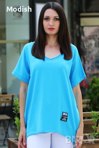 Памучна едноцветна дамска блуза с V-образно деколте 7042, снимка 9 - Тениски - 50696210