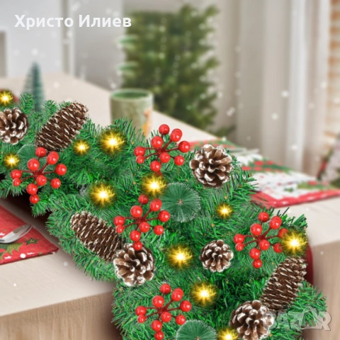 Коледен гирлянд с лампички шишарки и червени плодове окрасен 274см, снимка 5 - Декорация за дома - 54224232