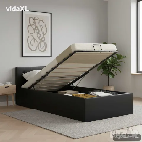 vidaXL Легло с повдигащ механизъм, черно, изкуствена кожа, 90x200 cм, снимка 2 - Спални и легла - 56146493