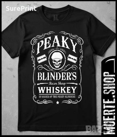 Черна тениска PEAKY BLINDERS WHISKEY с винтидж уиски дизайн.