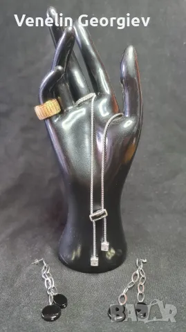 Дамски комплект, сребърно колие и обици, с камъни циркони и оникс 925, снимка 2 - Колиета, медальони, синджири - 49831841