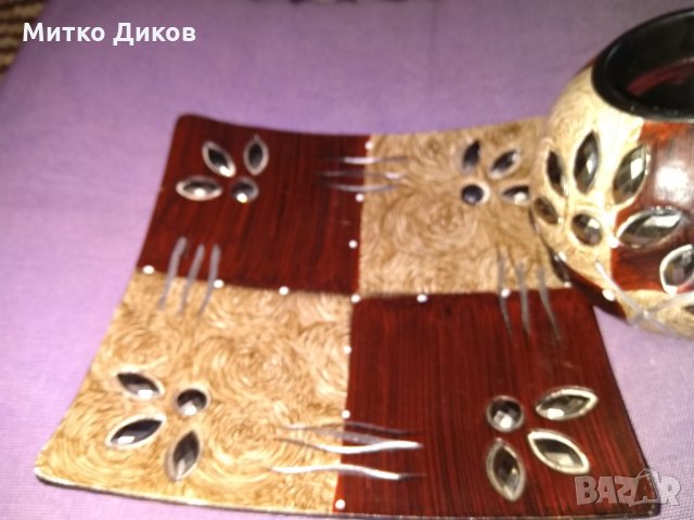 Дървен свещник в дървена чиния инкрустирана ръчна изработка, снимка 4 - Декорация за дома - 34015262