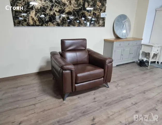 Кафяв кожен фотьойл с подвижна облегалка, снимка 11 - Дивани и мека мебел - 49936269