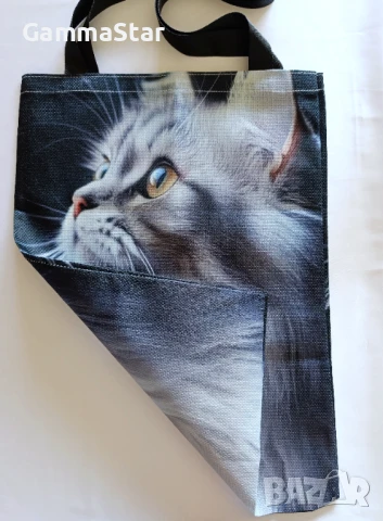 Платнена чанта с дълги дръжки с котка , снимка 3 - Чанти - 51003434
