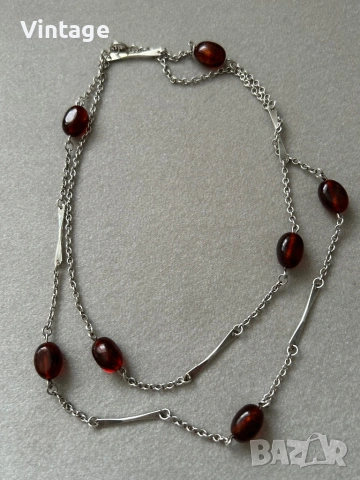 Старинно немско сребърно колие с естествени кехлибари , снимка 5 - Колиета, медальони, синджири - 53981304