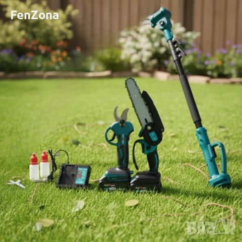 Комплект 3 в 1 от акумулаторна лозарска ножица, акумулаторен мини верижен трион и телескопичен прът, снимка 7 - Градинска техника - 54050114