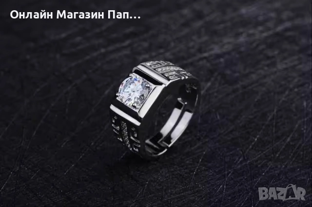 Мъжки посребрен стоманен пръстен с кристал, снимка 3 - Пръстени - 52375770