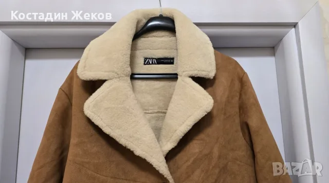 Ново. Дамско кафяво палто от изкуствен велур и изкуствена овча кожа (faux shearling) . ZARA ., снимка 3 - Палта, манта - 56047311