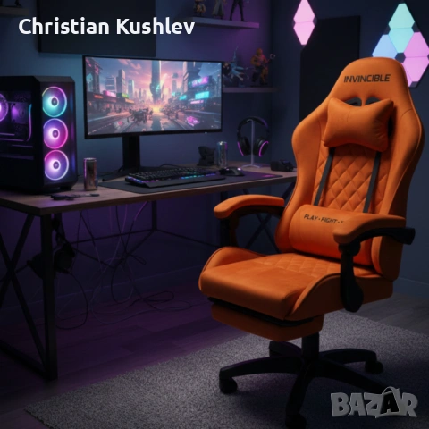 Оранжев велурен геймърски стол с поставка за крака – ергономичен, метална рамка, снимка 6 - Столове - 53275427