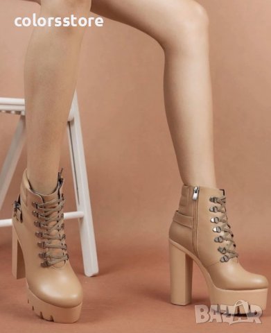 Боти на ток - бежова кожа с бежово ходило - BT14, снимка 2 - Дамски боти - 37924201