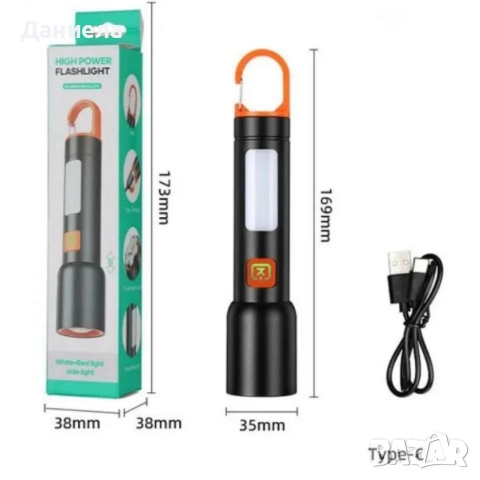 Презареждащ се LED фенер с висока яркост – USB Type-C, мащабируем лъч, компактен дизайн с карабинер, снимка 6 - Други стоки за дома - 52811472