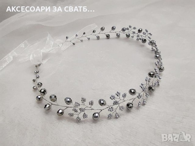 Сватбен венец Сребърни кристали, снимка 2 - Сватбени аксесоари - 38430336