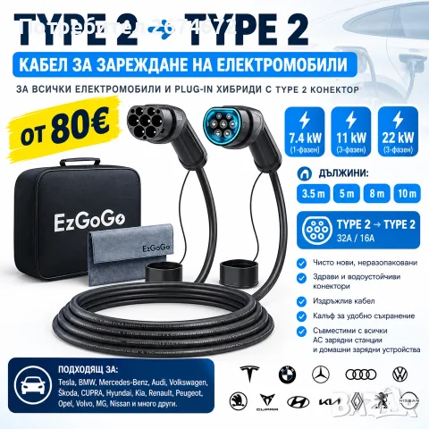 КАБЕЛИ TYPE 2 → TYPE 2 ЗА ЕЛЕКТРОМОБИЛИ 3,5м 5м 8м 10м 7.4kW 11kW 22kW, снимка 1 - Аксесоари и консумативи - 54821640