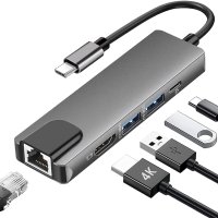 USB C хъб, 5-в-1 USB C към HDMI, USB C многопортов адаптер с Ethernet, 4K HDMI, 100W мощност и 2 USB, снимка 1 - Кабели и адаптери - 42280927