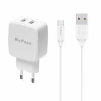 Мрежово зарядно устройство DeTech DE-33M, 5V/2.4A, 220V,2 x USB, С Micro USB кабел, 1.0m, Бял, снимка 1 - Оригинални зарядни - 35167218