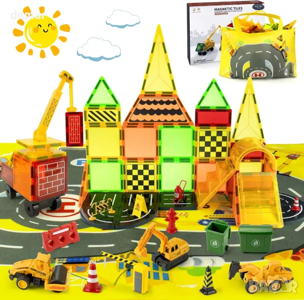 Детски строителни магнитни блокчета пътни части, 3 строителни камиони, снимка 1