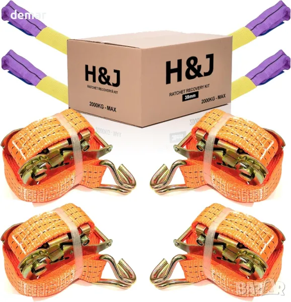 4 бр. 38 мм ремъци с тресчотка за закрепване на тежки товари, автомобили, до 2000 кг всяка, оранжеви, снимка 1