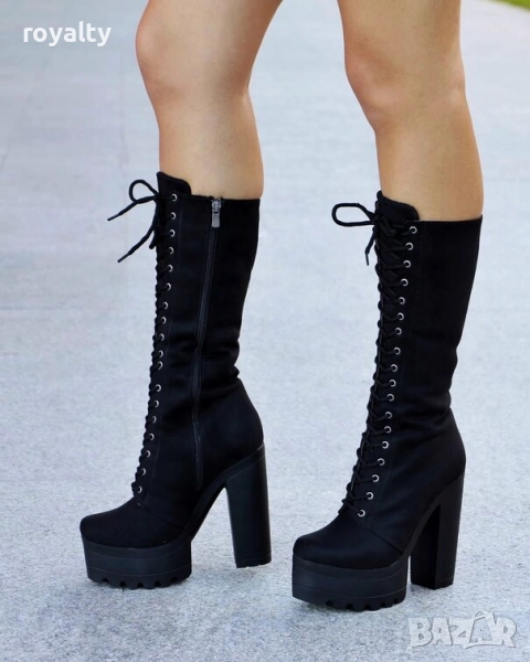 Ботуши на ток - черен велур с черно ходило , снимка 1