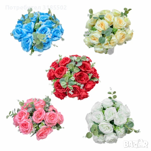 Изкуствени букети с рози и евкалиптови листа – Елегантна украса с дълготраен ефект, снимка 1