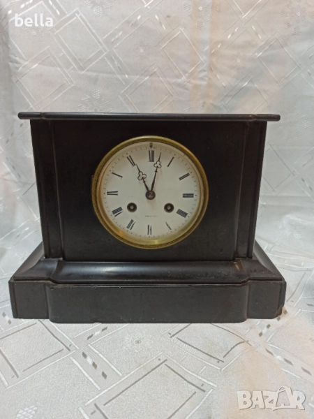 Антикварен  швейцарски каминен часовник-Grenchen-(~1900 г.) Масивен корпус от черен мрамор, снимка 1