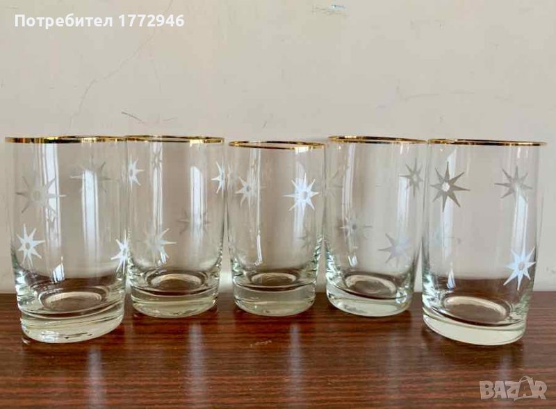 Чаши 5 броя -125 мл, кристално стъкло, златист кант и звездички, снимка 1