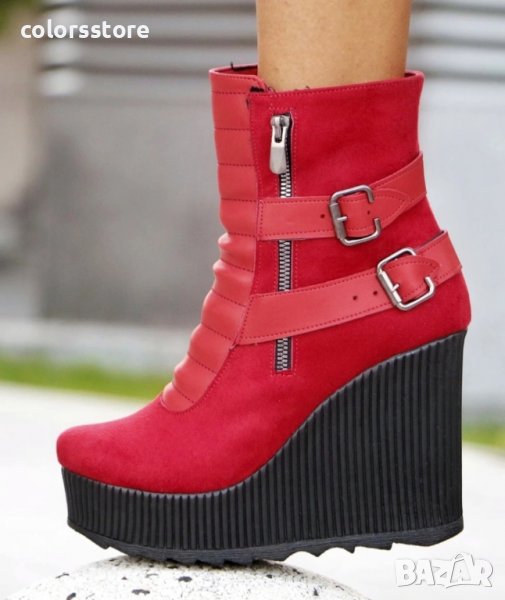 Боти на платформа - червен велур - B2001, снимка 1